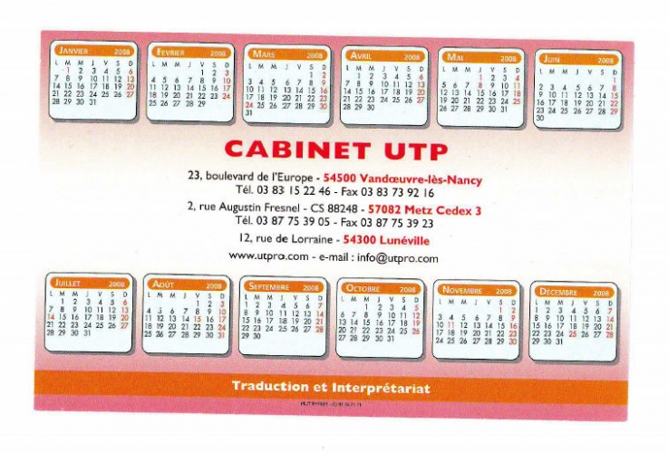 Autocollant Sticker Calendrier Calendar UTP Traduction Interprétariat 2008 FRANCE
