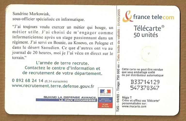 Télécarte - Phone card - F 1270 A - 04/03 - Gem 2 - 50 u - Armée de terre 1.