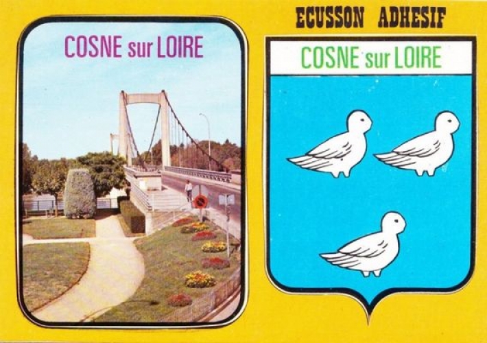 France 58 Cosne-sur-Loire - Blasons adhésifs de la ville et du Pont de Loire sur carte postale