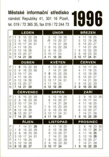 Tchécoslovaquie 1996 Calendrier de poche ville de Plzen