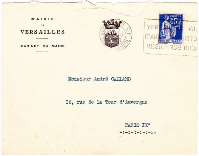France 1938 Lettre sans correspondance CAD 23-05-38 Versailles (Seine-et-Oise) et flamme Flier