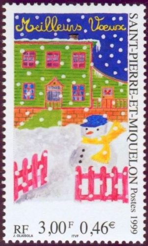 Saint-Pierre et Miquelon 1999 Noël : bonhomme de neige devant une maison