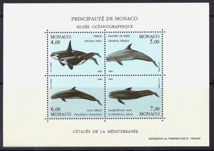 Monaco - bloc YT 64 ** Cétacés de la méditerranée - année 1994 