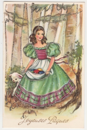 cpsm Joyeuses Pâques  Fillette agneau ( diamantine  )