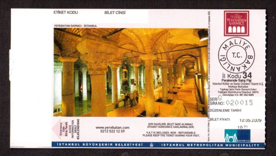 Turquie 2009 Istambul ticket pour l'entrée de la Citerne-basilique le 12/05