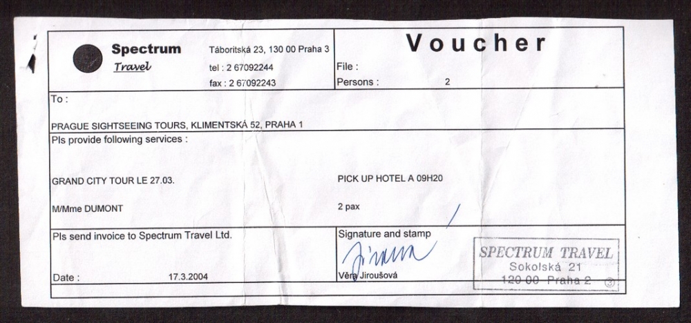 République Tchèque 2004 ticket Spectrum Travel pour Grand City Tour le 27/03