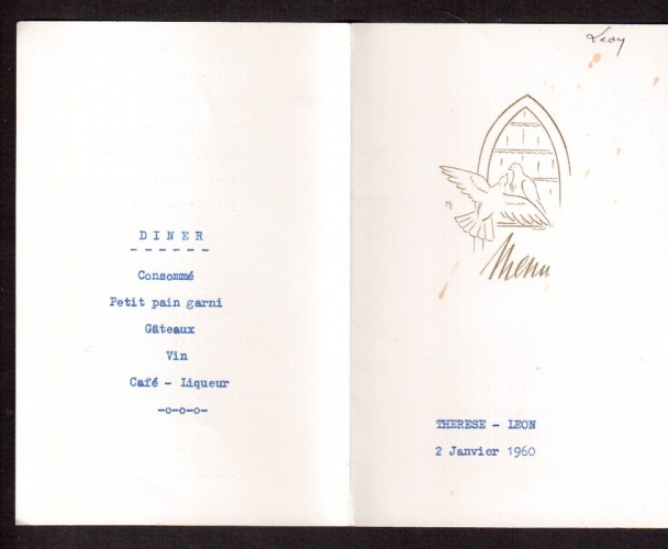 France 1960 menu de mariage le 2 janvier