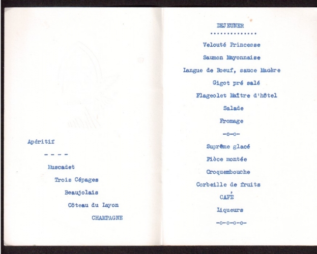 France 1960 menu de mariage le 2 janvier