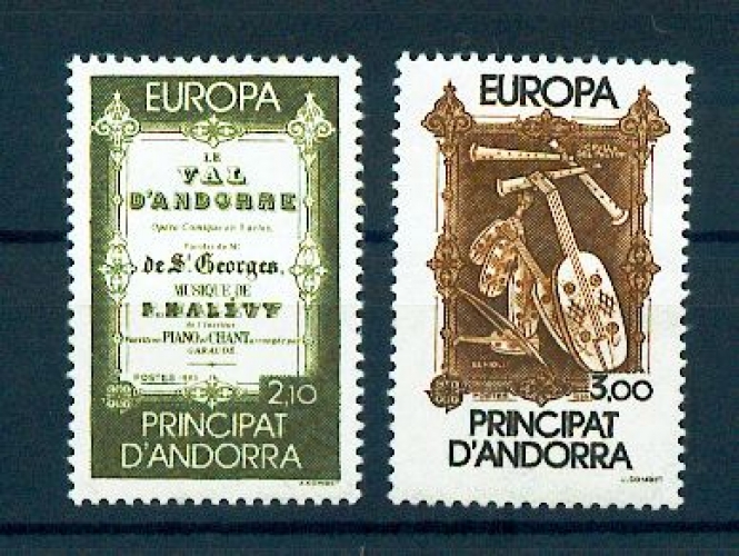 ANDORRE 339 340 1/4 de cote EUROPA 1985 instruments neufs ** TB MNH sin charnela cote 20  euros 