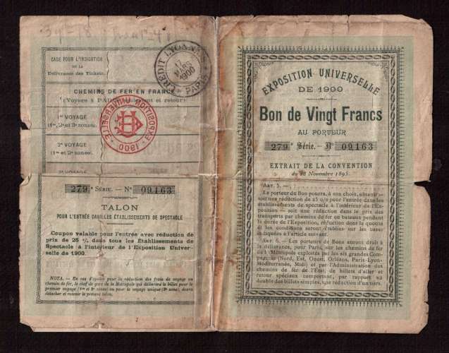 France 1900 Action obligation Bon de vingt Francs au Porteur numéroté Exposition Universelle de 1900