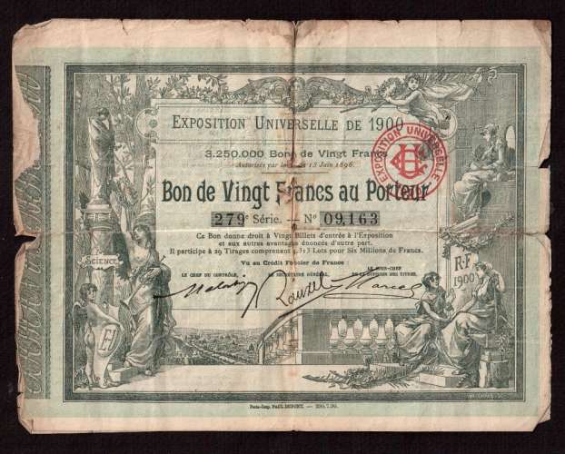 France 1900 Action obligation Bon de vingt Francs au Porteur numéroté Exposition Universelle de 1900