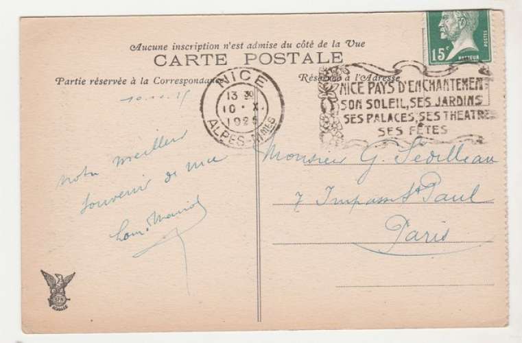  cpa Flamme illustrée 06 Nice 1925 sur Pasteur 15c