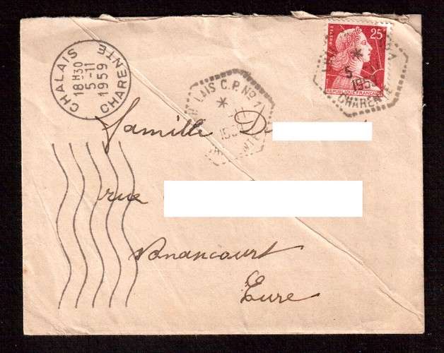 France 1955 Y&T 1011C  o seul sur lettre 5-11-59 2 cachets différents Chalais  Charente