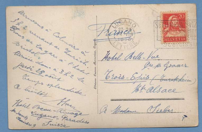 CPA LUGANO > FRANCE 1930 scan verso petite fente en H