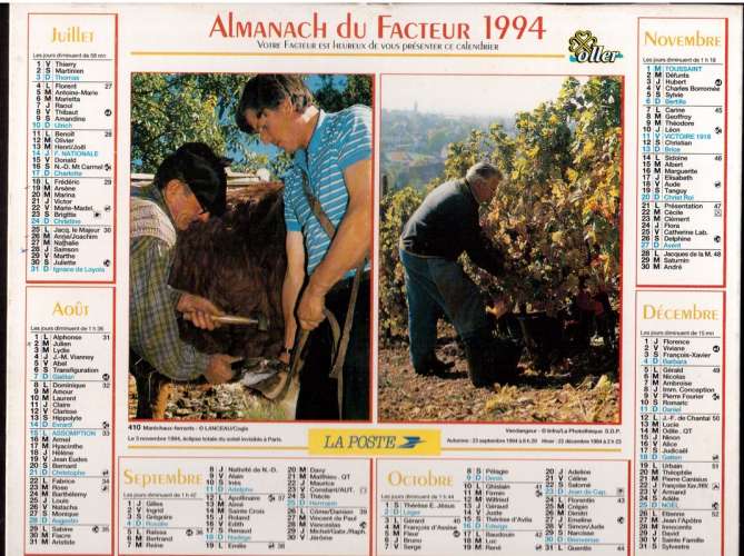 Calendrier 1994  Almanach  Oller - rempailleurs - faucheur - maréchaux-ferrants - vendangeur
