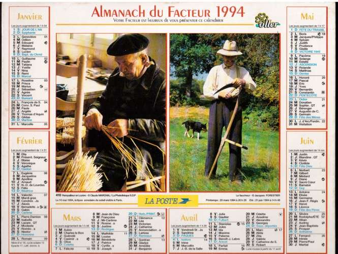 Calendrier 1994  Almanach  Oller - rempailleurs - faucheur - maréchaux-ferrants - vendangeur