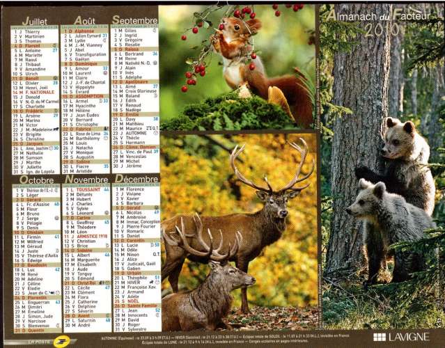 Calendrier 2010 Lavigne - loups du Canada - chevreuils - chouette hulotte - cerfs roux - ours bruns 