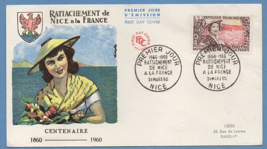 FDC RATTACHEMENT NICE A FRANCE 1960 ALPES MARITIMES