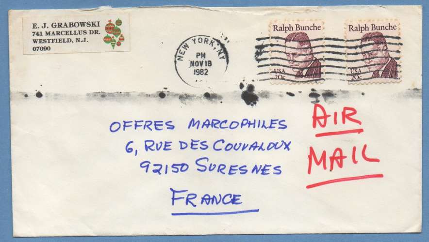 USA N° 1860 / L  > France  ,  Ralphe Bunche Prix Nobel