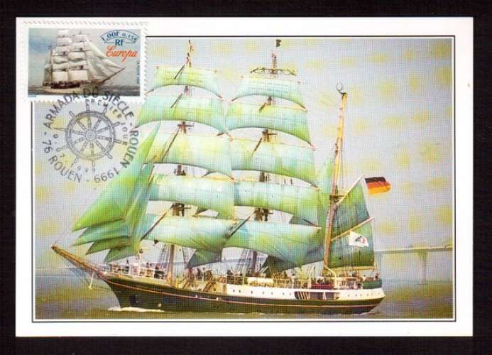 France 1999 timbre Europa Y&T 3277 (o) sur Cpm voilier 2 cachets  différents Armada Rouen 10-07-1999