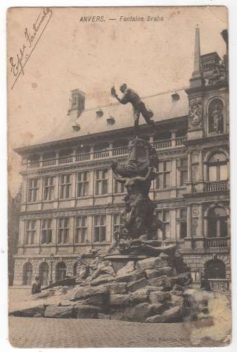 CPA Anvers Fontaine Brabo voy 1906 > France ( défauts voir)