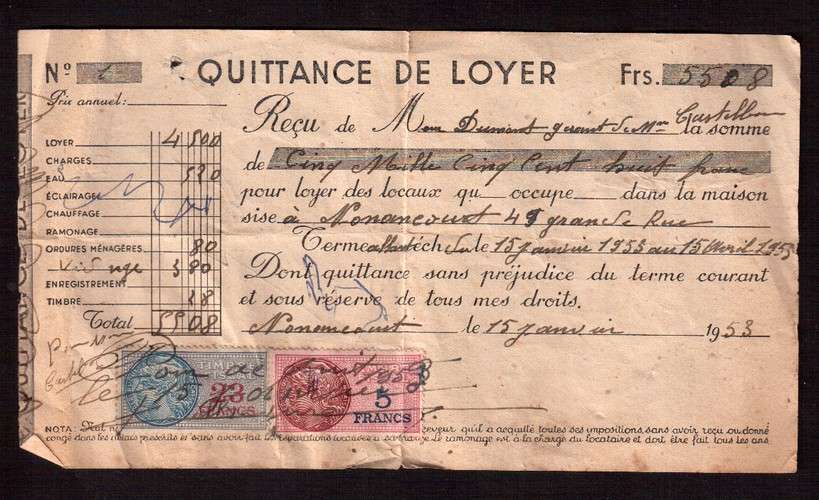 France 1936-58 fiscaux Y&T 153 et 137 (o) sur quittance de loyer Nonancourt  ( 27 ) 15 janv 53