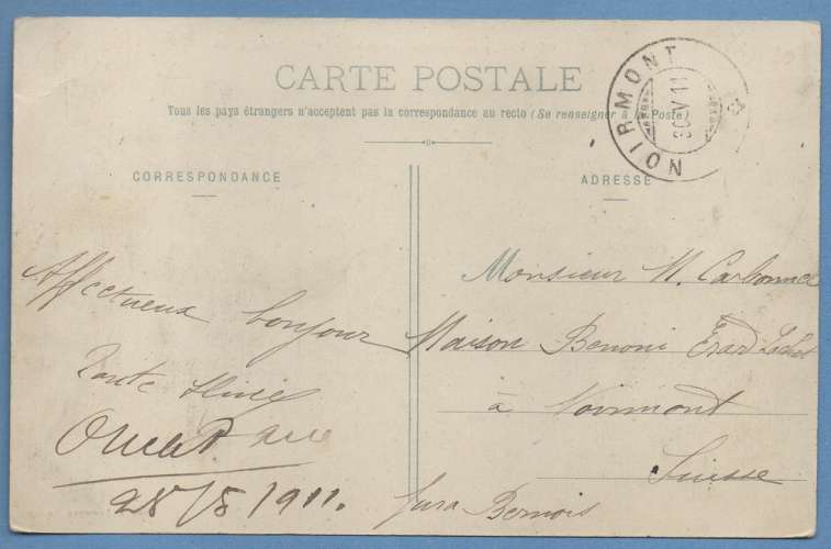  CPA Gloton bords de Seine voy 1911 > Suisse Noirmont animée TB scan verso