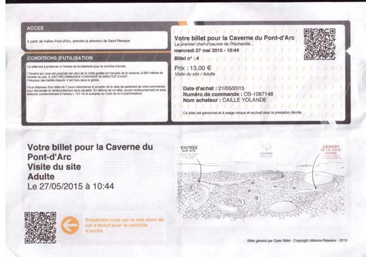 France 2015 Ardèche ticket d'entrée pour la caverne du Pont d'Arc - grotte Chauvet