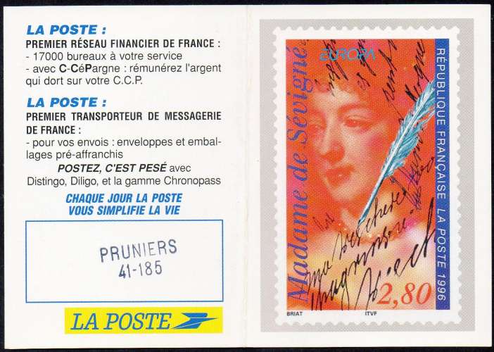 32 - Calendrier de poche 2 volets - 1997 - La Poste - Timbre Mme de Sévigné - 2 scans