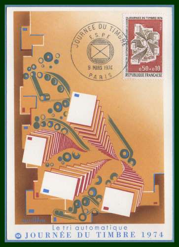 Carte Maximum journée du timbre Paris 1974 Tri automatique