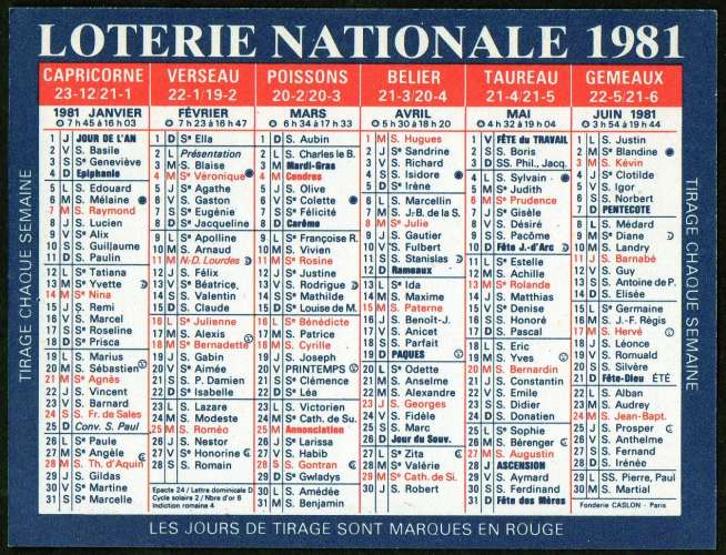 162 - Calendrier de poche - 1981 - Loterie Nationale - 2 scans 2