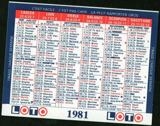 162 - Calendrier de poche - 1981 - Loterie Nationale - 2 scans 2