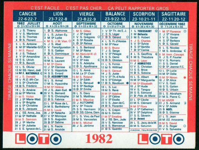 165 - Calendrier de poche - 1982 - Loterie Nationale - 2 scans 