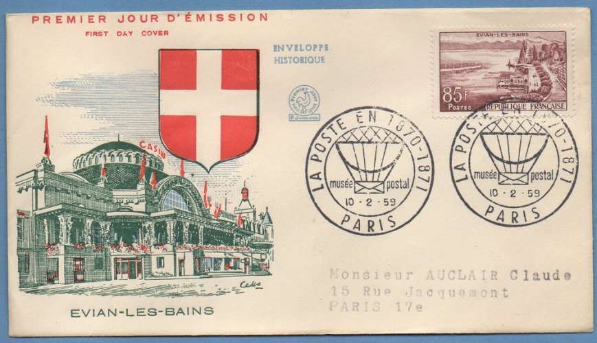 France FDC Evian les Bains Paris 1959 voyagé