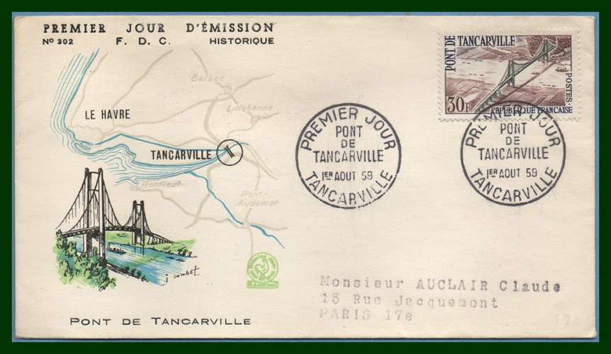France FDC Pont Tancarville 1959 voyagé  bridge brücke