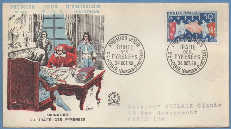 France FDC Traité des Pyrénées Behobie 1959 voyagé  mains