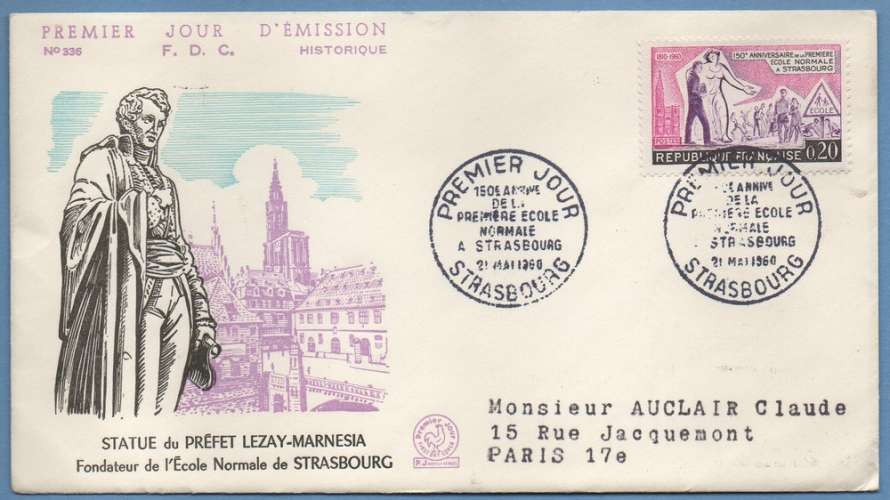 France FDC Ecole Normale Strasbourg 1960 voyagée 