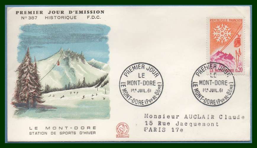 France FDC Le Mont Dore 1961 voyagée 