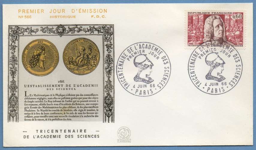 France FDC Fontenelle académie des sciences Paris 1966 env. vernissée