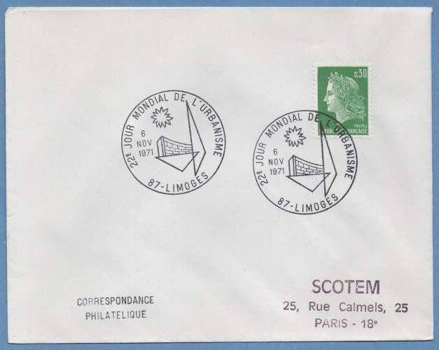  BT 22é jour mondial Urbanisme Limoges 1971 / N° 1611 Cheffer