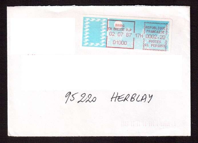 France 1987  type A papier Carrier Bourg en Bresse R.P 0002,20 G1 PC 01053 sur lettre