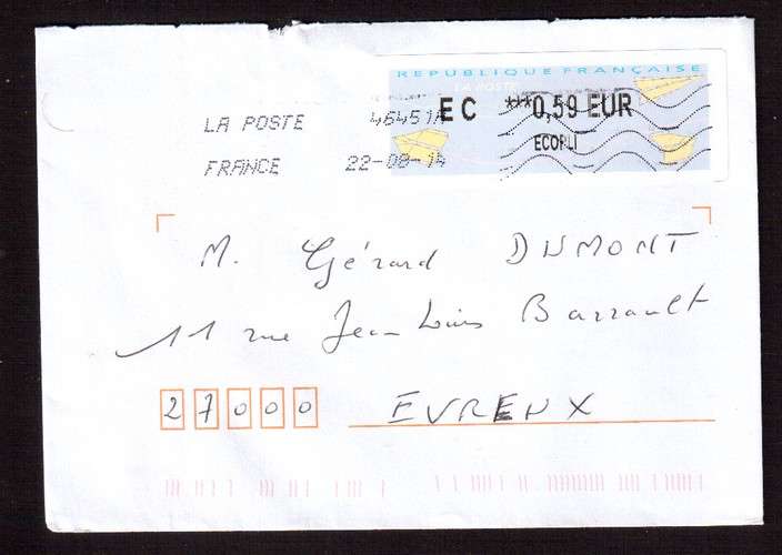 France 2014 Y&T  ? type ? La Poste 46451A  EC ***0,59 EUR ECOPLI sur lettre