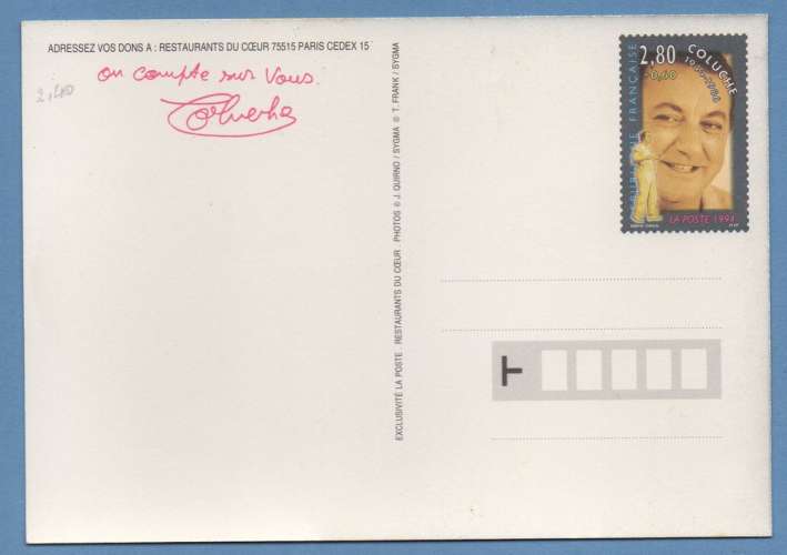 France Entier postal N° 2902 Coluche Restos du Cœur (scan verso)  Heart  