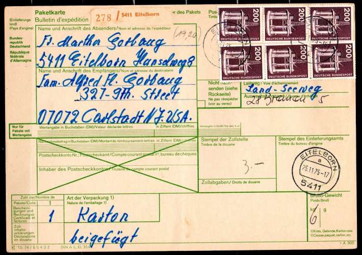 Allemagne paketkarte Bulletin d'expédition vers USA 1975