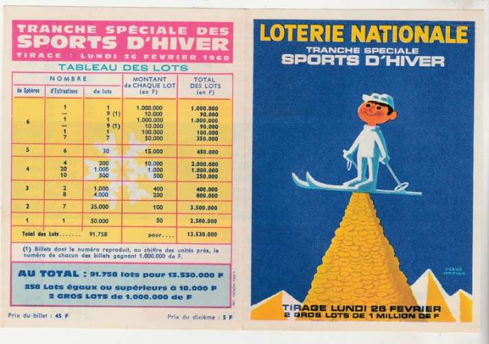  publicité 1968 Loterie Nationale Sports d'hiver par Hervé Morvan