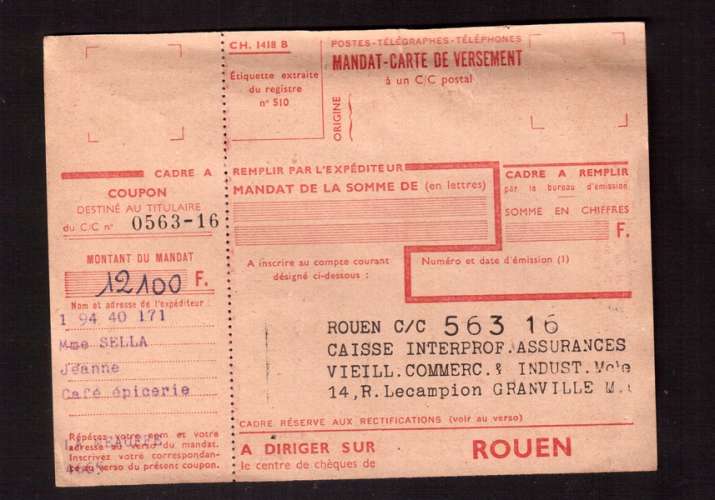 France mandat-carte de versement à un C/C postal à diriger sur Rouen 