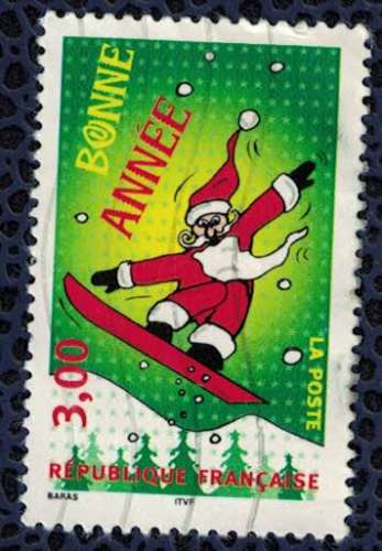 France 1998 Oblitéré Used Bonne année Père Noël surfant sur fond vert Y&T 3204