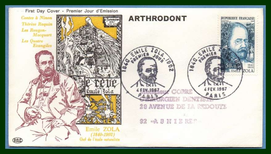 France FDC N° 1511 Emile Zola PJ 1967 écrivain voy.