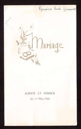 Menu de mariage  1968 dîner Regard Imp Chanoni Carentan