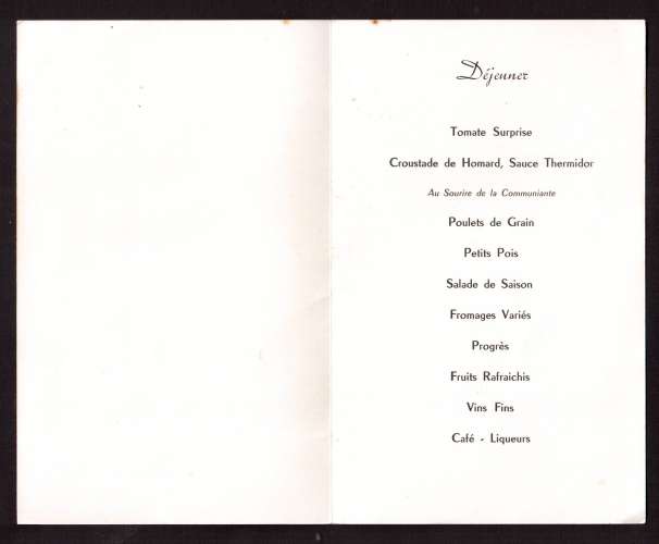 Menu de communion  1961 Nonancourt   déjeuner et dîner  non utilisé